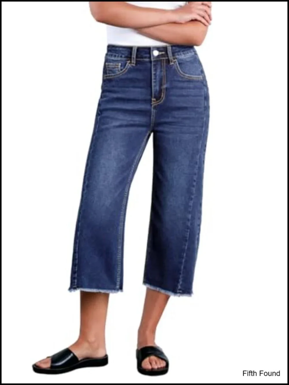 High Waisted Wide Leg Capri Jeans with Raw Hem Side Seam Denim